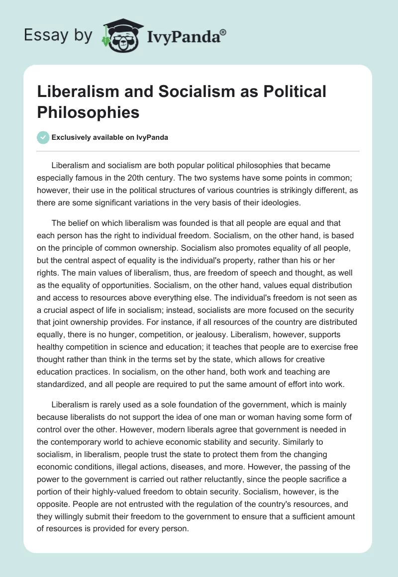 Liberalism and Socialism as Political Philosophies. Page 1