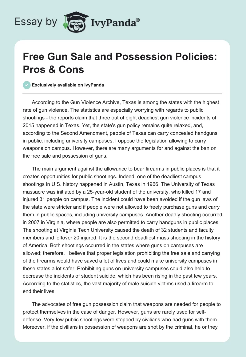 Free Gun Sale and Possession Policies: Pros & Cons. Page 1