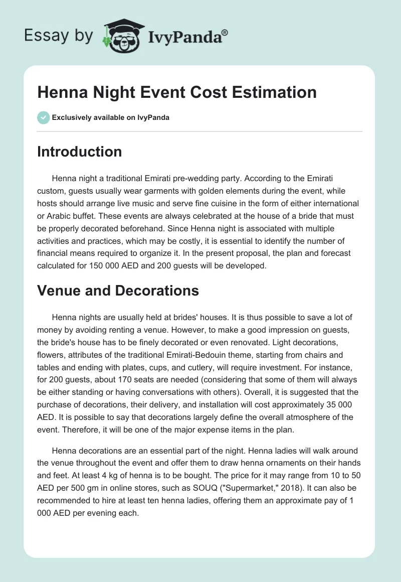 Henna Night Event Cost Estimation. Page 1