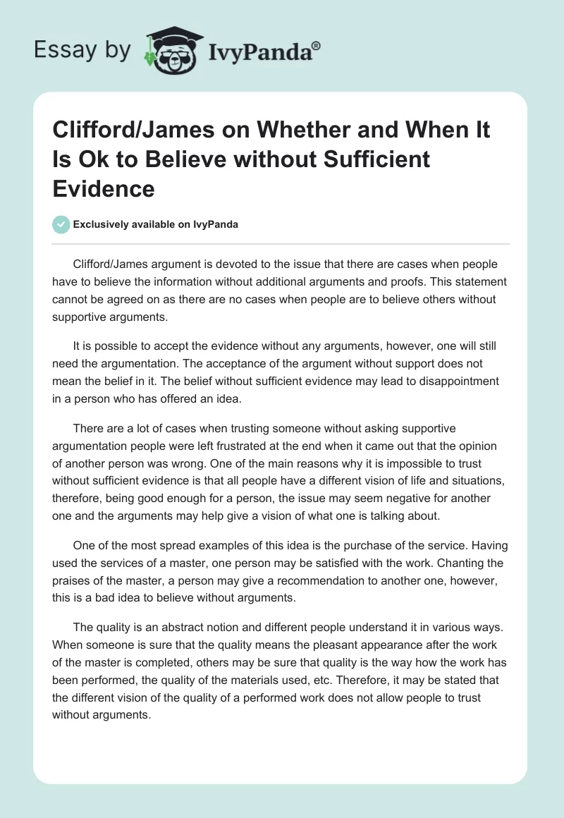 Clifford/James on Whether and When It Is Ok to Believe without Sufficient Evidence. Page 1