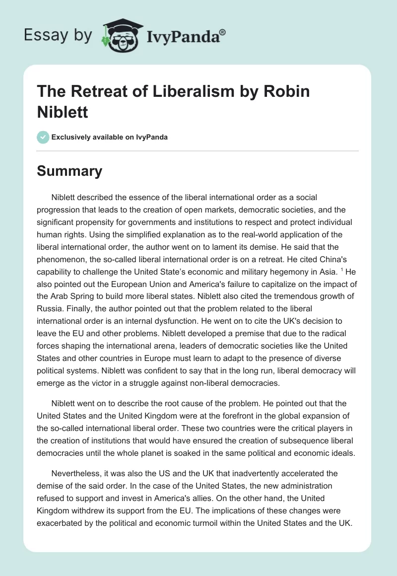 "The Retreat of Liberalism" by Robin Niblett. Page 1