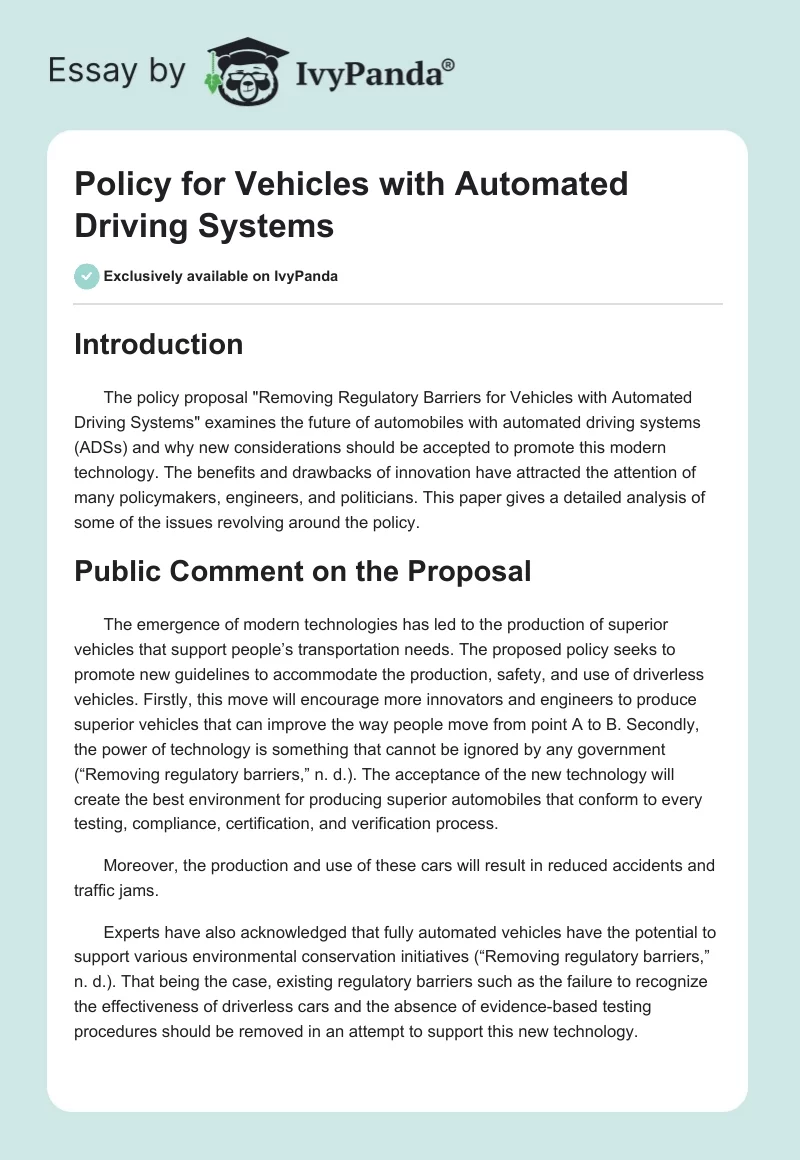 Policy for Vehicles with Automated Driving Systems. Page 1