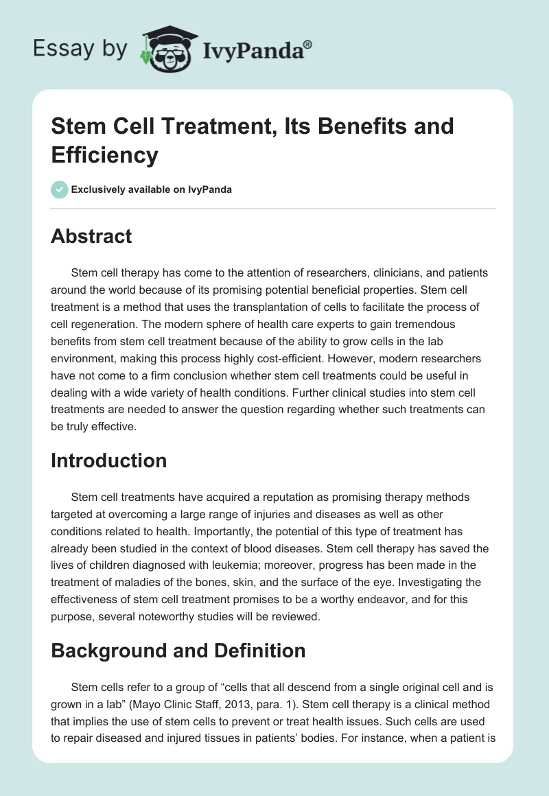 Stem Cell Treatment, Its Benefits and Efficiency. Page 1