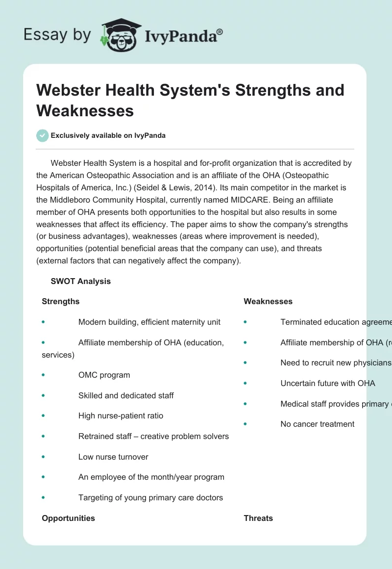 Webster Health System's Strengths and Weaknesses. Page 1