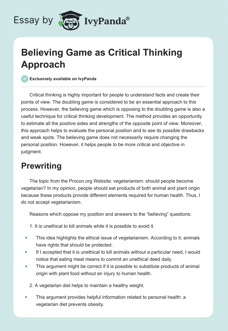 Believing Game as Critical Thinking Approach. Page 1