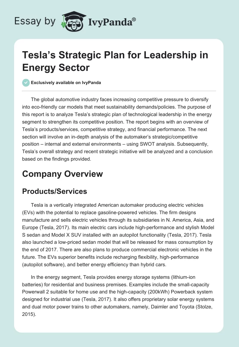 Tesla’s Strategic Plan for Leadership in Energy Sector. Page 1