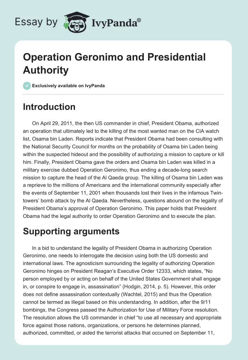 Operation Geronimo and Presidential Authority. Page 1