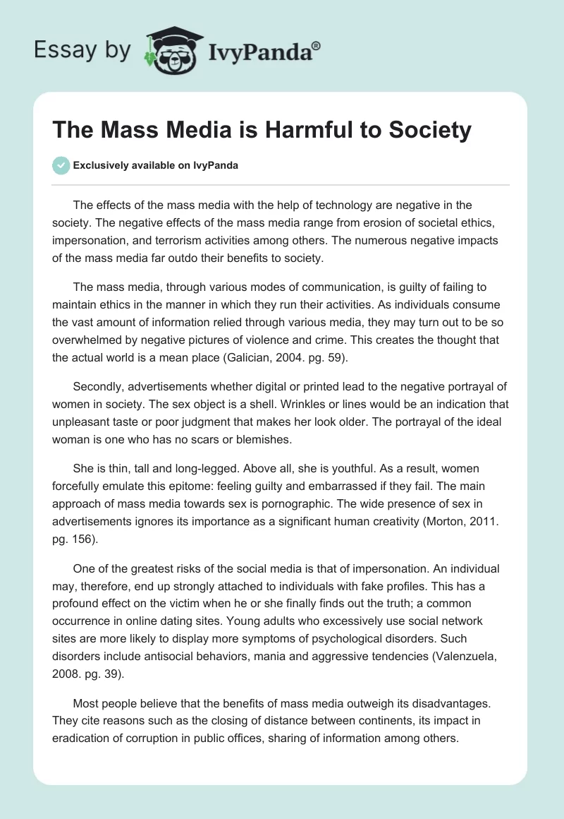 The Mass Media is Harmful to Society. Page 1