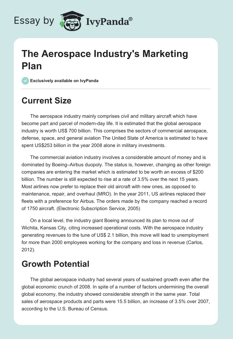 The Aerospace Industry's Marketing Plan. Page 1