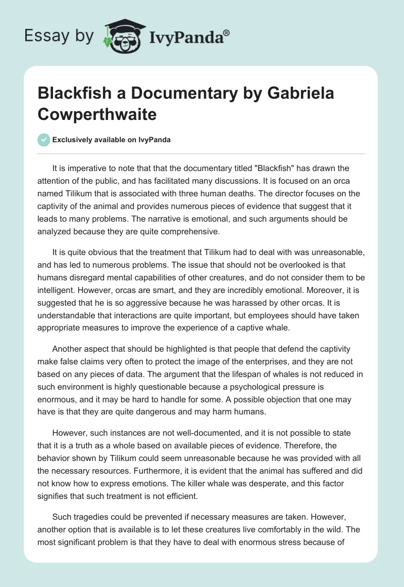 "Blackfish" a Documentary by Gabriela Cowperthwaite. Page 1