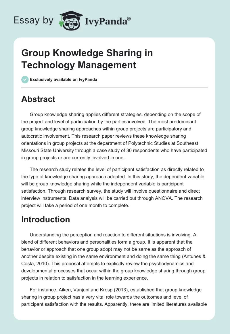Group Knowledge Sharing in Technology Management. Page 1
