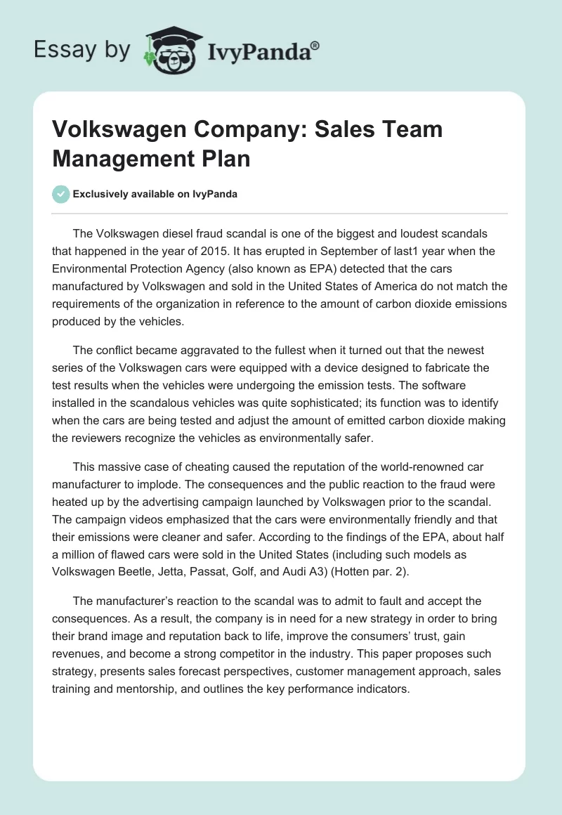 Volkswagen Company: Sales Team Management Plan. Page 1