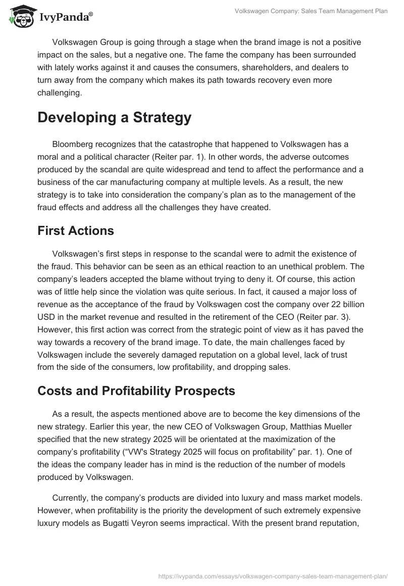Volkswagen Company: Sales Team Management Plan. Page 3