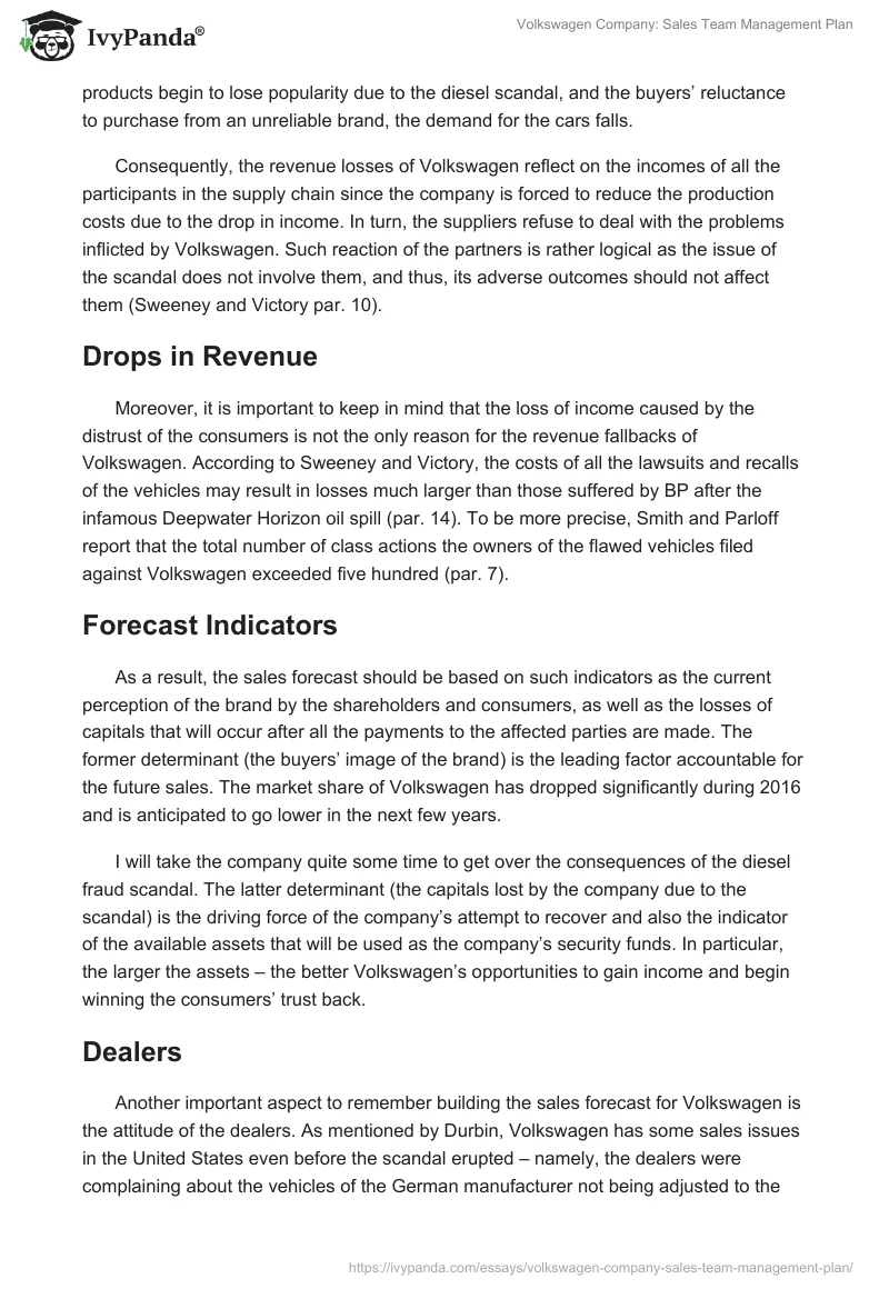 Volkswagen Company: Sales Team Management Plan. Page 5
