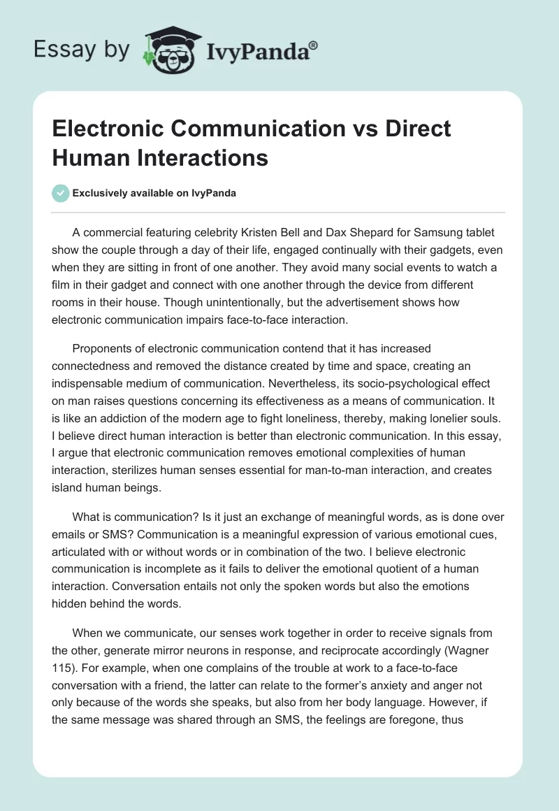 Electronic Communication vs Direct Human Interactions. Page 1