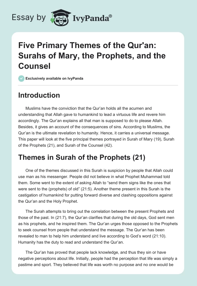 Five Primary Themes of the Qur'an: Surahs of Mary, the Prophets, and the Counsel. Page 1