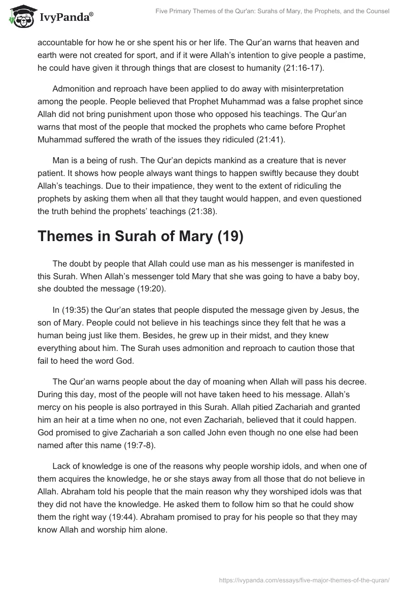 Five Primary Themes of the Qur'an: Surahs of Mary, the Prophets, and the Counsel. Page 2