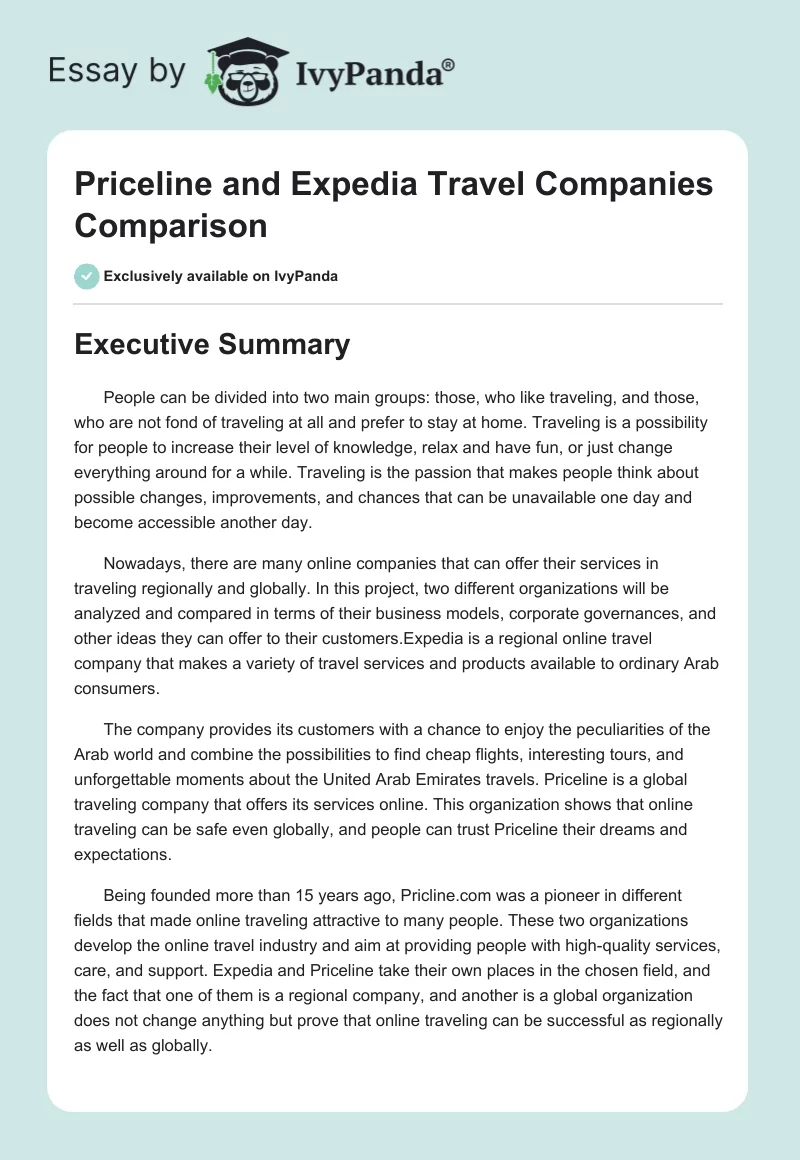 Priceline and Expedia Travel Companies Comparison. Page 1