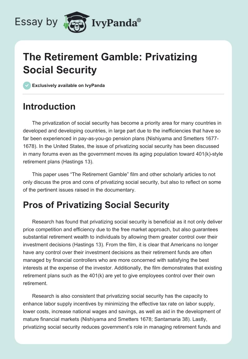 "The Retirement Gamble": Privatizing Social Security. Page 1