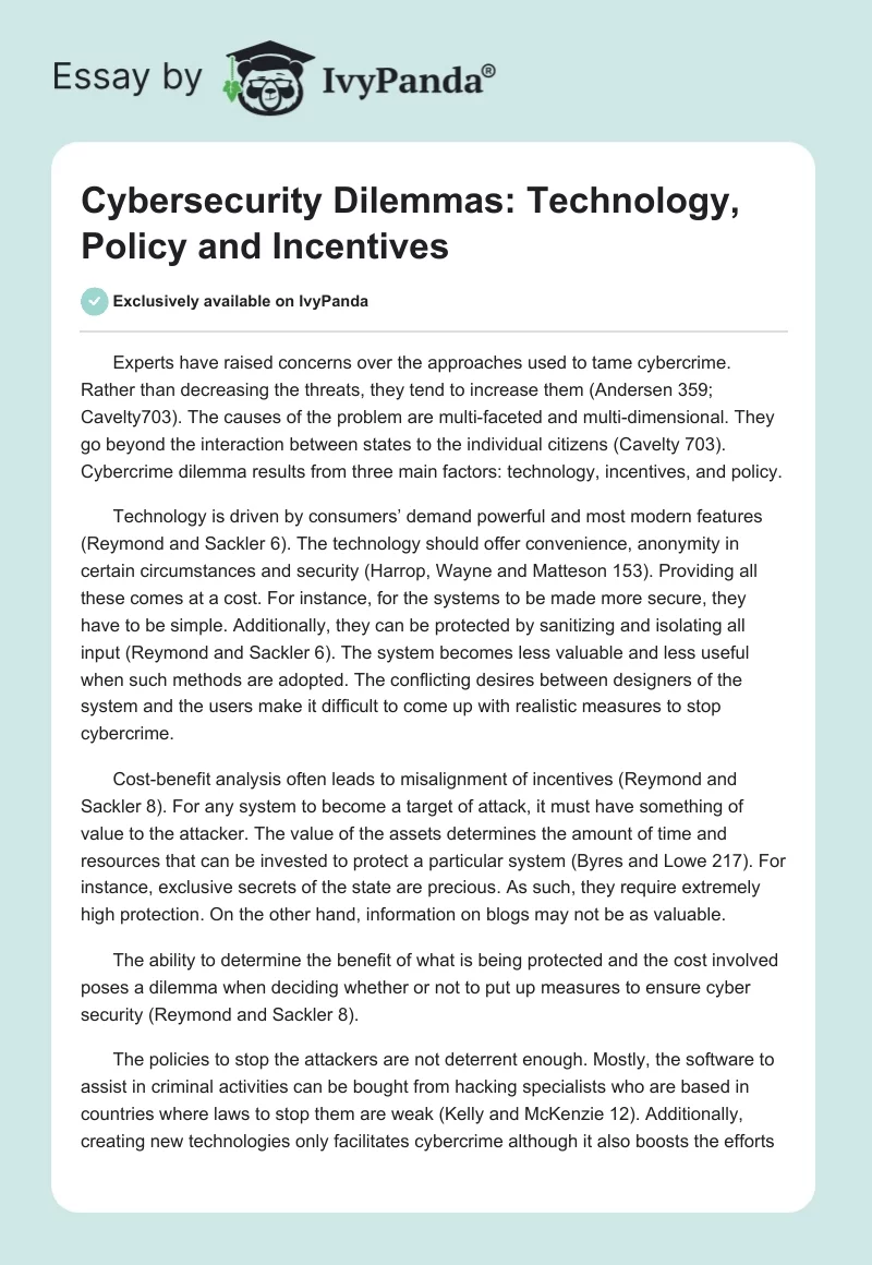 Cybersecurity Dilemmas: Technology, Policy and Incentives. Page 1