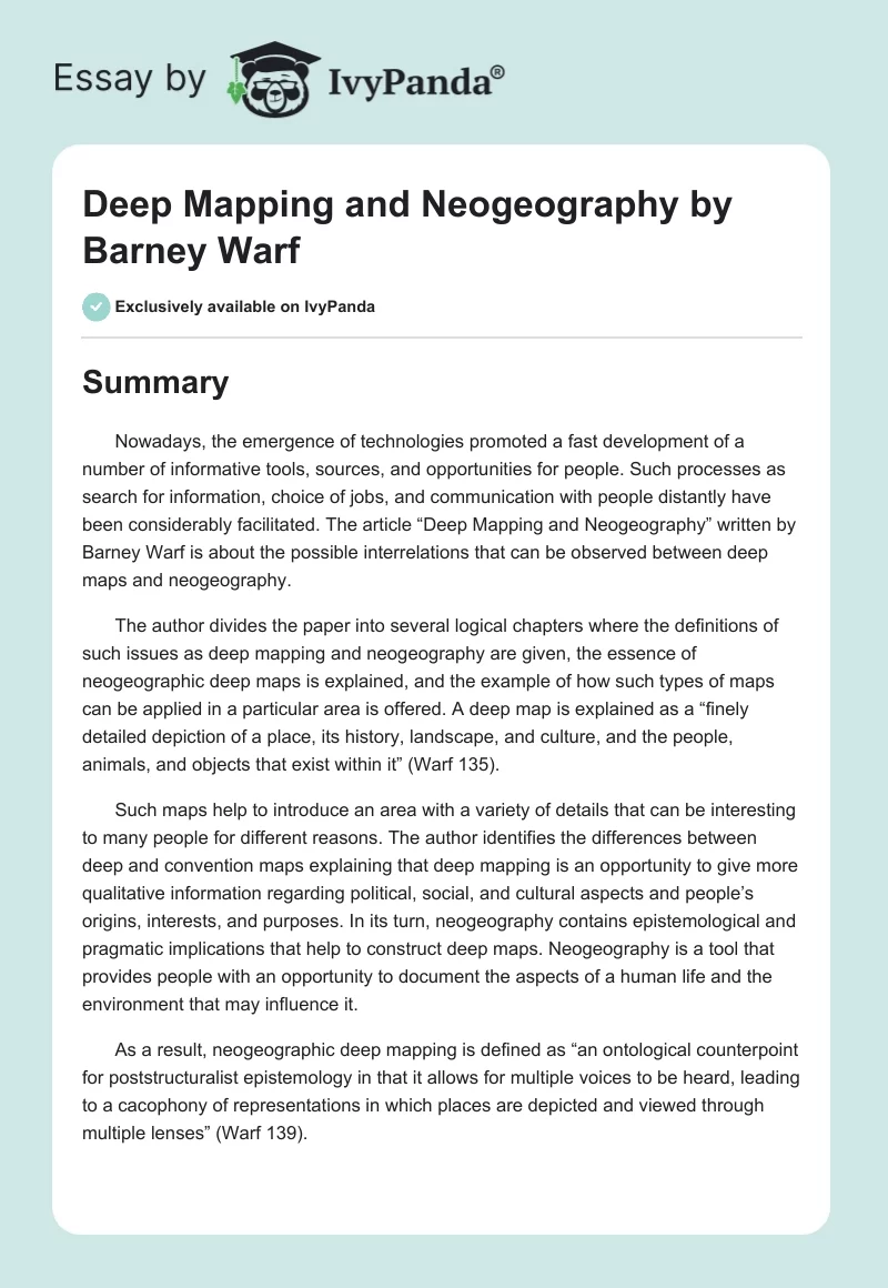 "Deep Mapping and Neogeography" by Barney Warf. Page 1