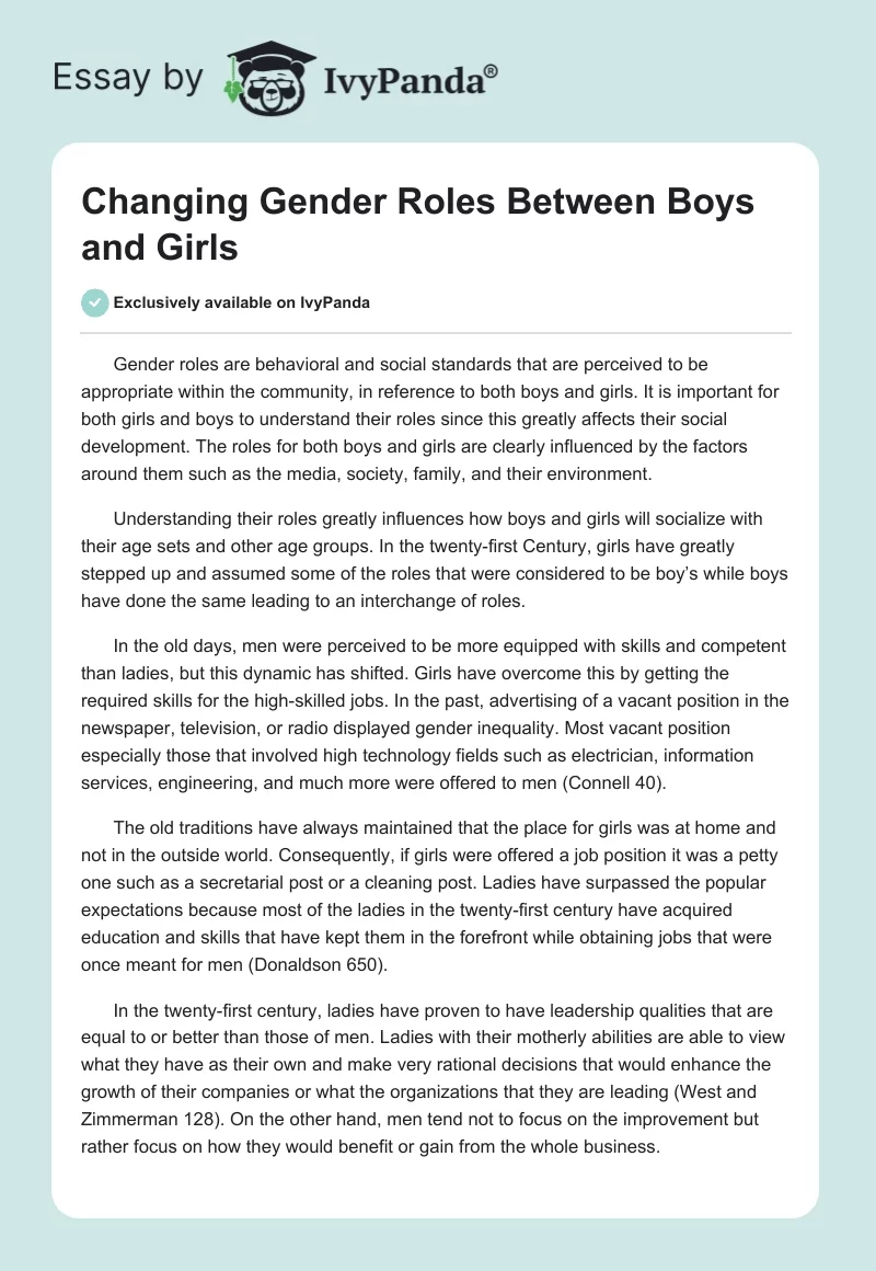 Changing Gender Roles Between Boys and Girls. Page 1