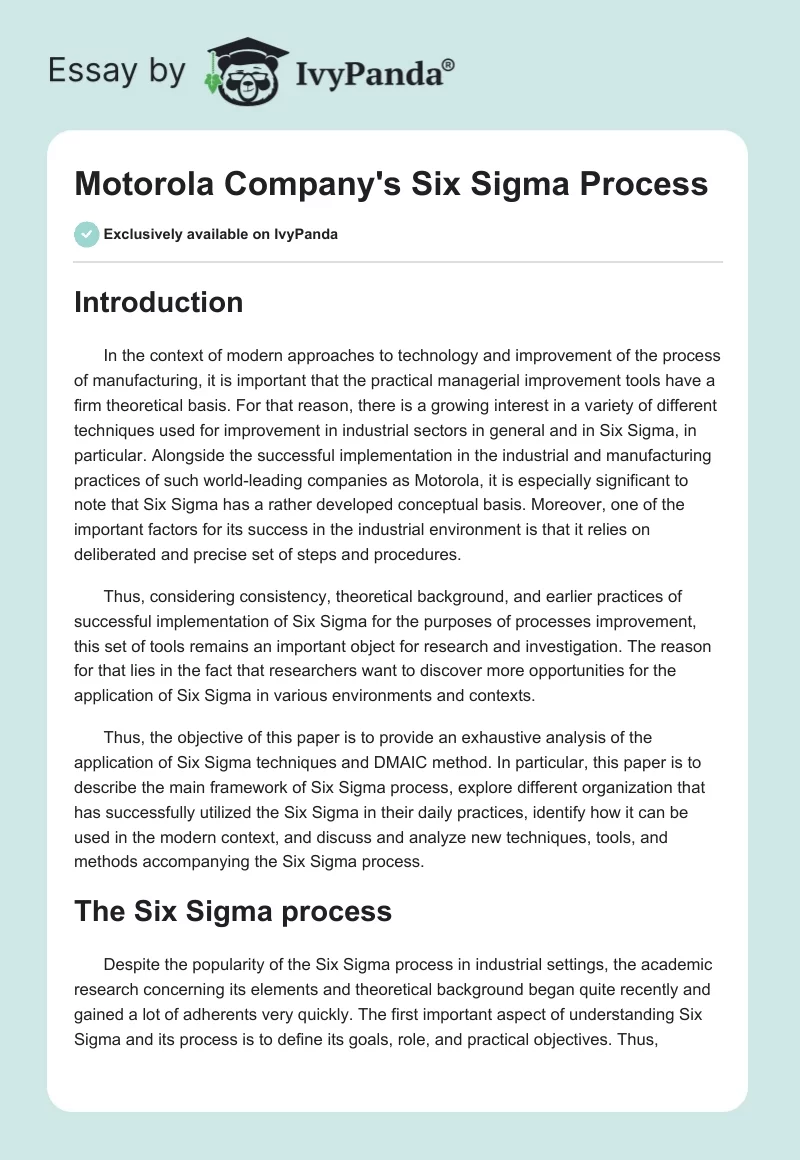 Motorola Company's Six Sigma Process. Page 1