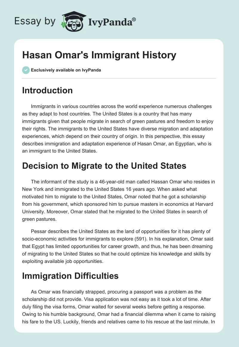 Hasan Omar's Immigrant History. Page 1