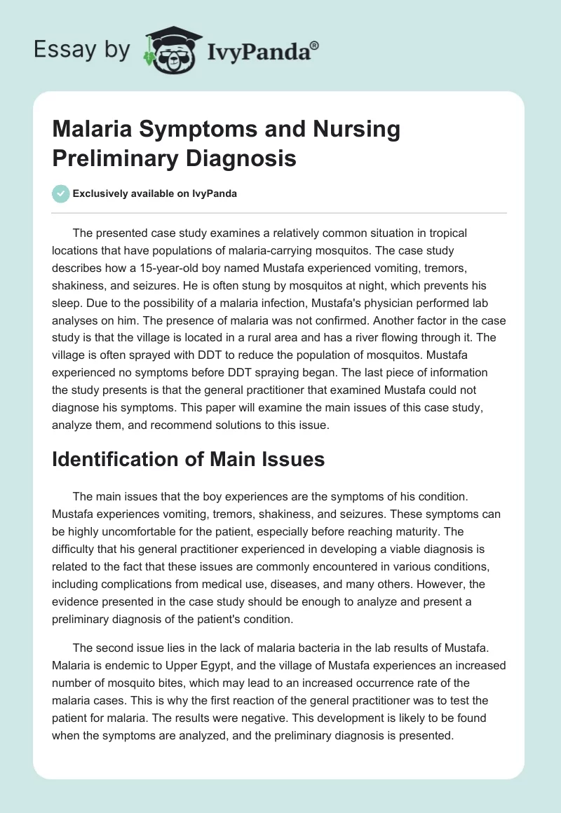 Malaria Symptoms and Nursing Preliminary Diagnosis. Page 1