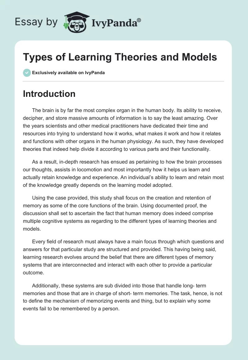 Types of Learning Theories and Models. Page 1