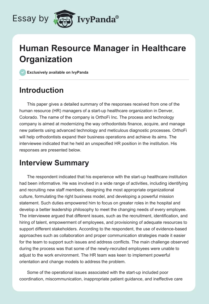 Human Resource Manager in Healthcare Organization. Page 1