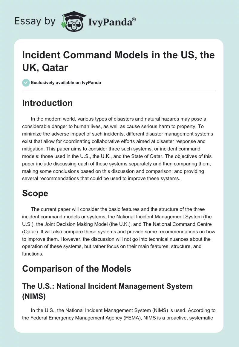 Incident Command Models in the US, the UK, Qatar. Page 1