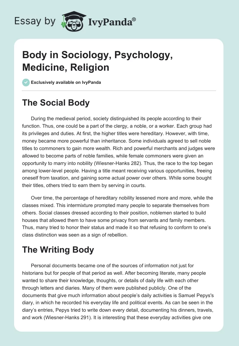 Body in Sociology, Psychology, Medicine, Religion. Page 1