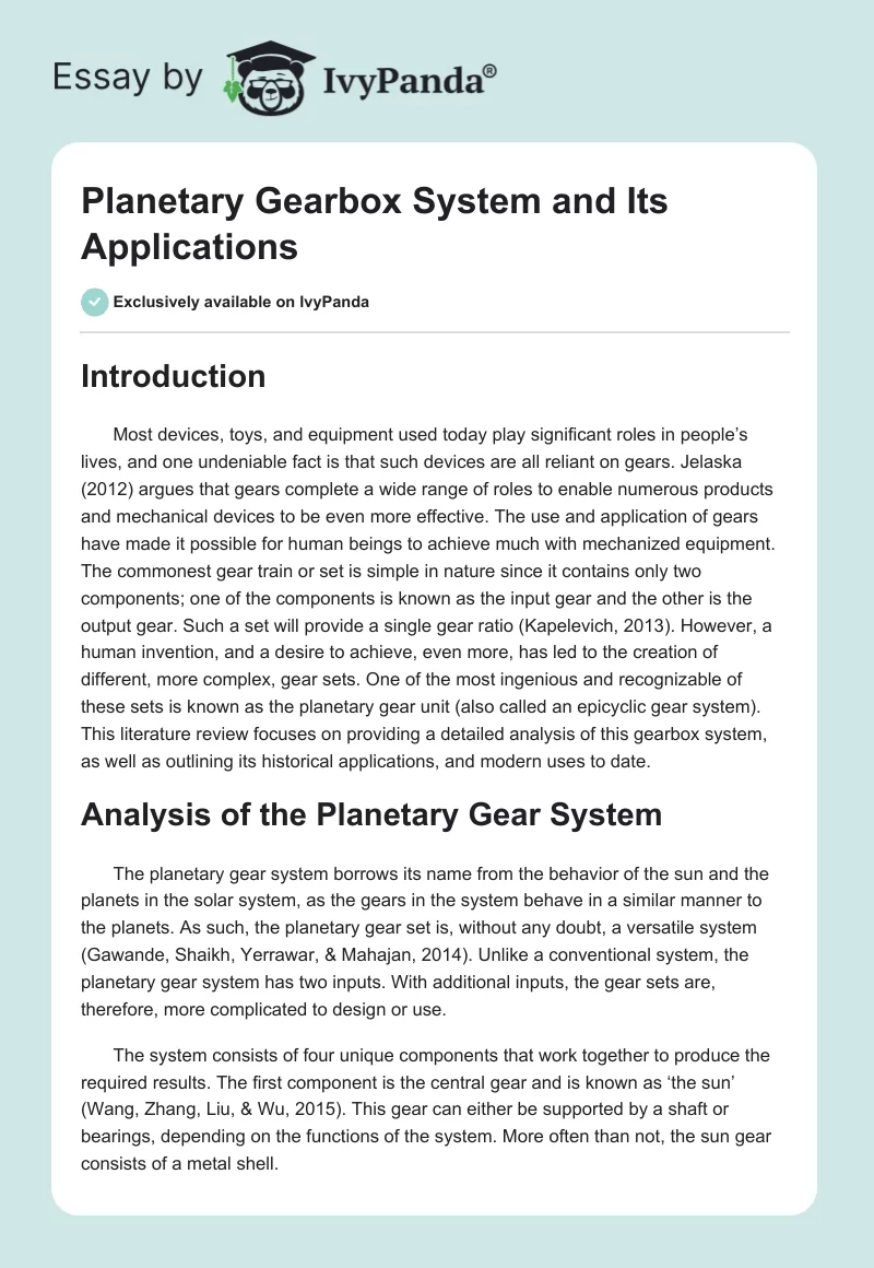 Planetary Gearbox System and Its Applications. Page 1