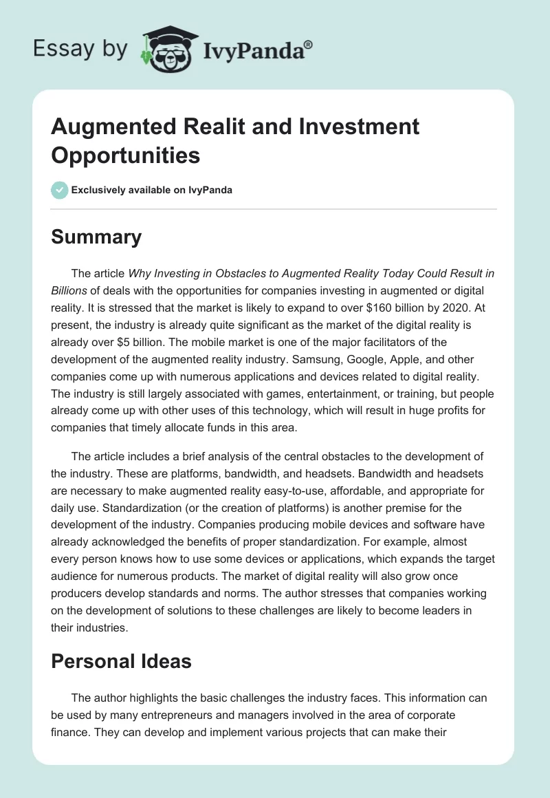 Augmented Realit and Investment Opportunities. Page 1