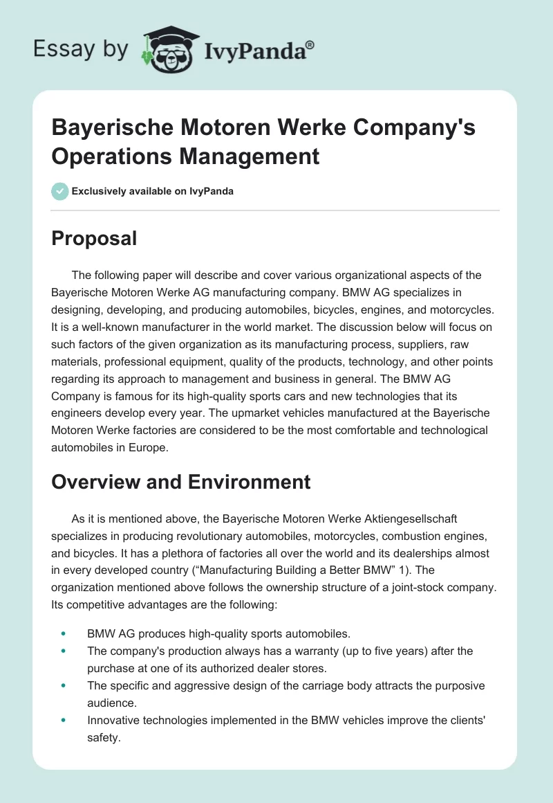 Bayerische Motoren Werke Company's Operations Management. Page 1