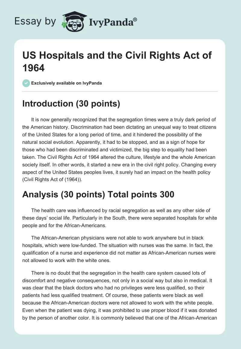 US Hospitals and the Civil Rights Act of 1964. Page 1