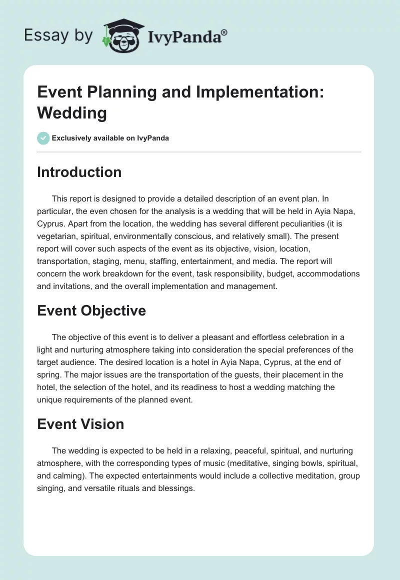 Event Planning and Implementation: Wedding. Page 1