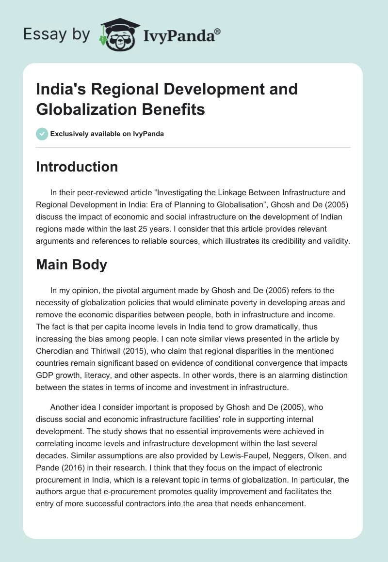India's Regional Development and Globalization Benefits. Page 1