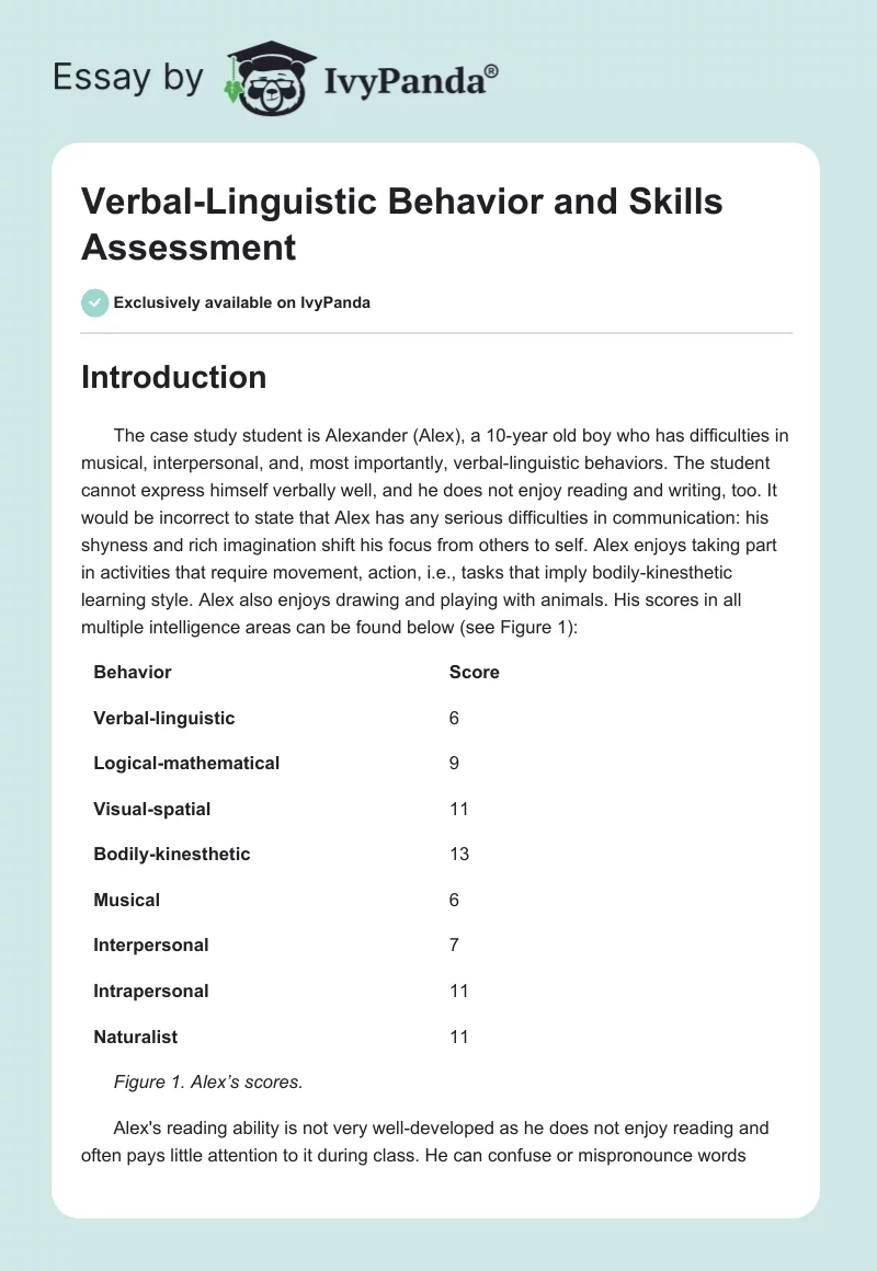 Verbal-Linguistic Behavior and Skills Assessment. Page 1
