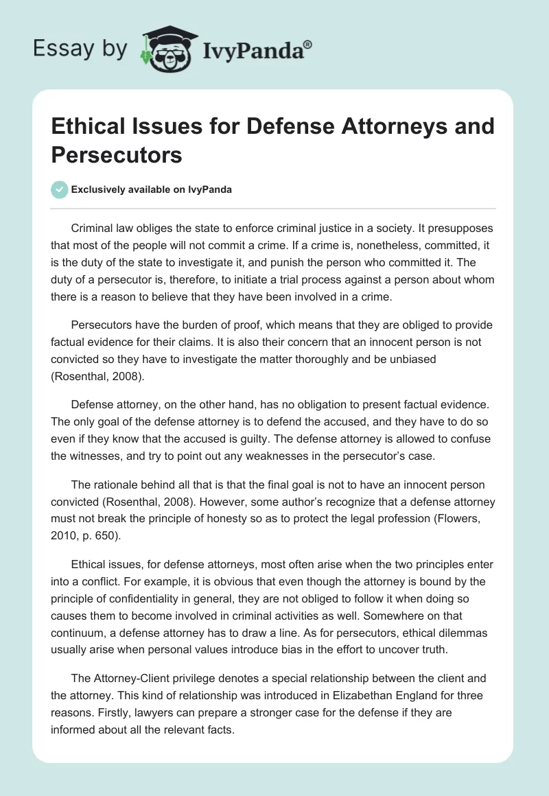 Ethical Issues for Defense Attorneys and Persecutors. Page 1