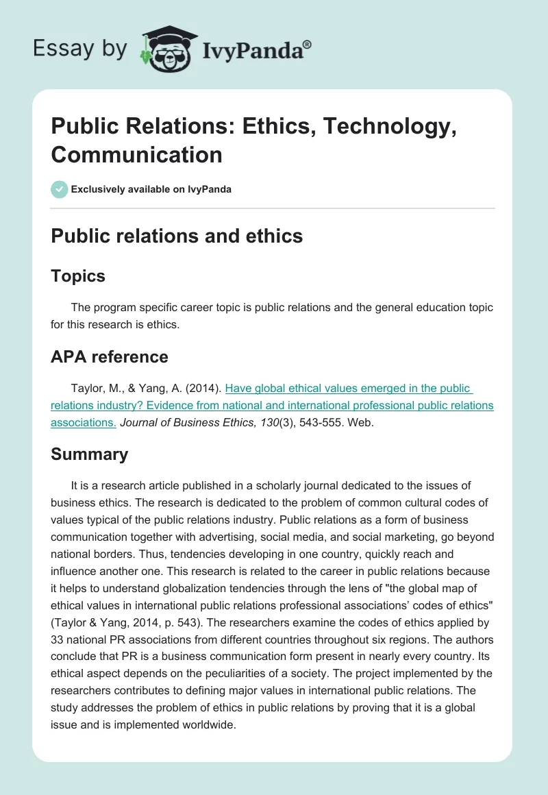 Public Relations: Ethics, Technology, Communication. Page 1