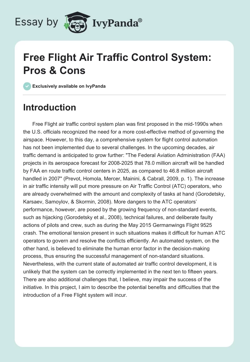 Free Flight Air Traffic Control System: Pros & Cons. Page 1