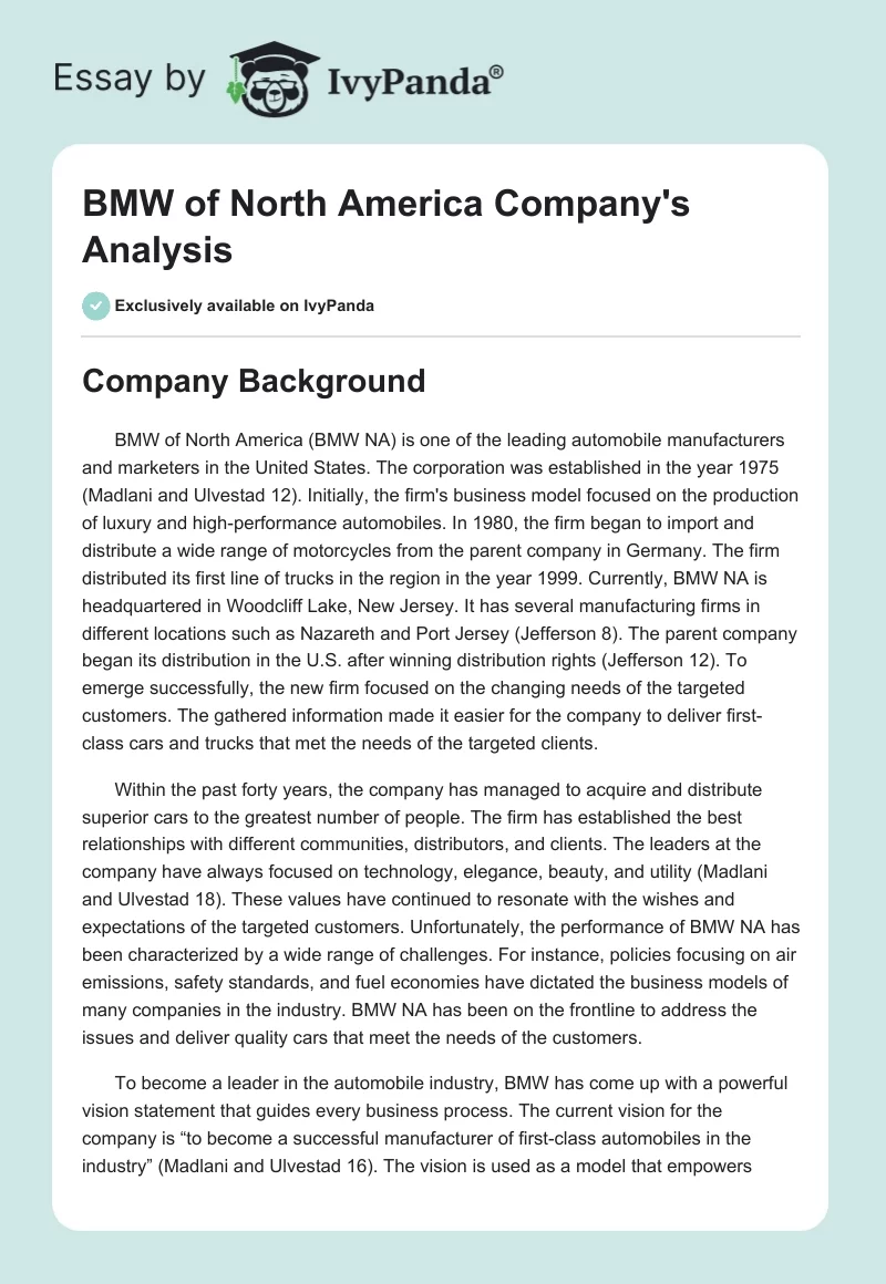 BMW of North America Company's Analysis. Page 1