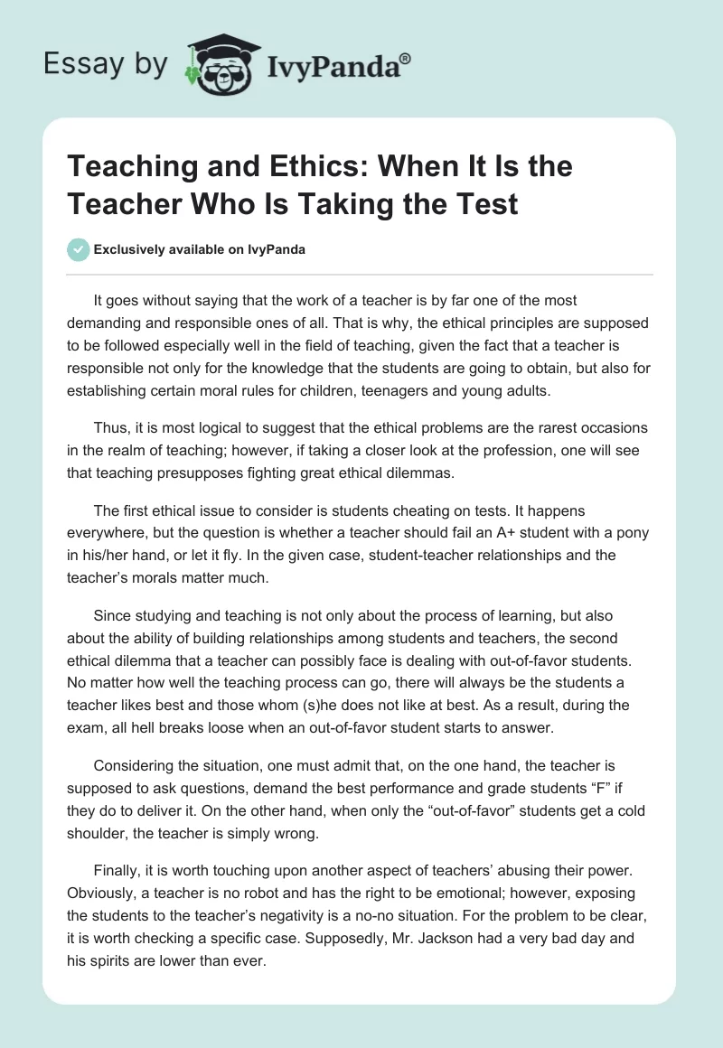 Teaching and Ethics: When It Is the Teacher Who Is Taking the Test. Page 1