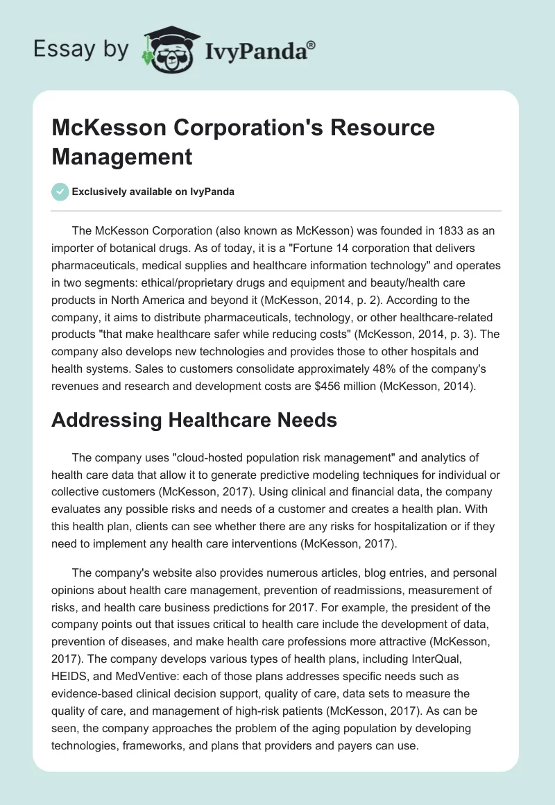 McKesson Corporation's Resource Management. Page 1