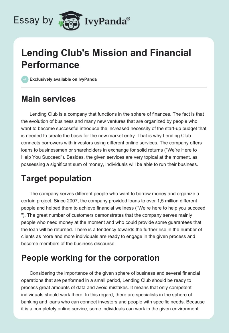 Lending Club's Mission and Financial Performance. Page 1