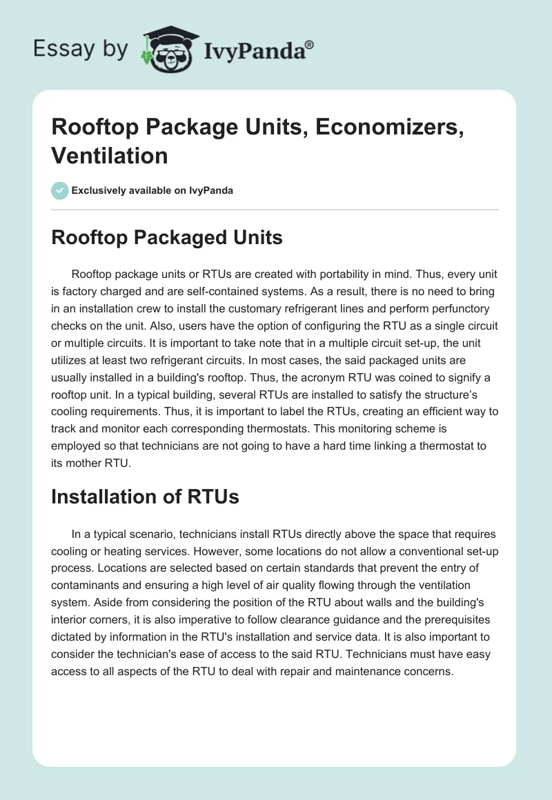 Rooftop Package Units, Economizers, Ventilation. Page 1