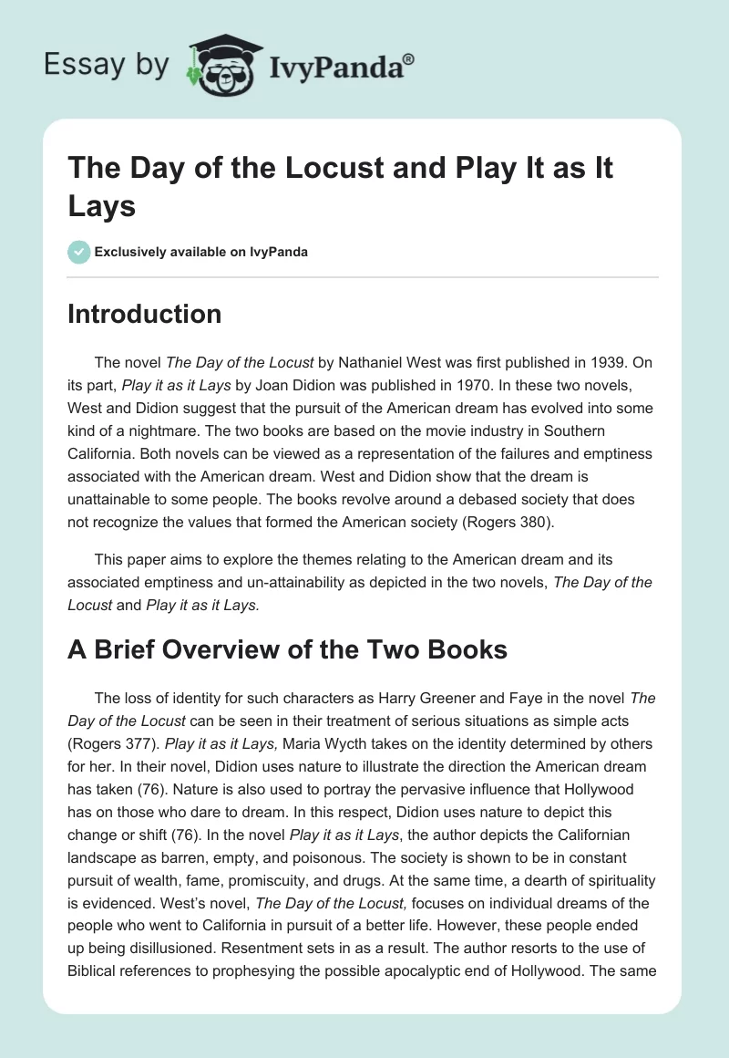 "The Day of the Locust" and "Play It as It Lays". Page 1