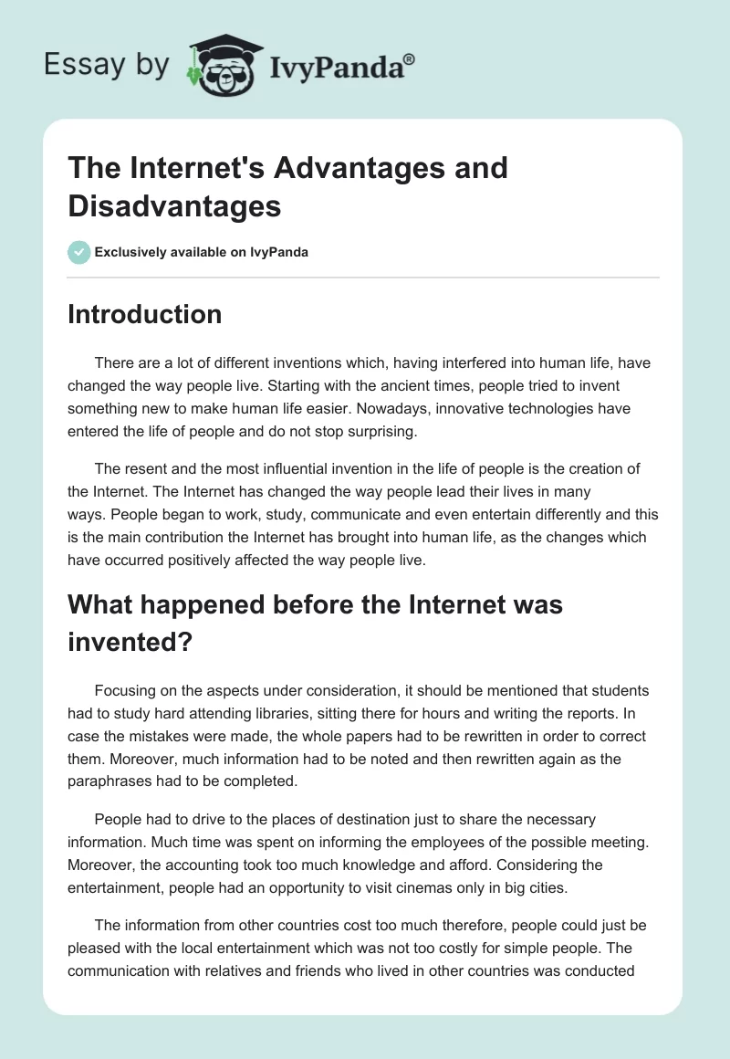 The Internet's Advantages and Disadvantages. Page 1